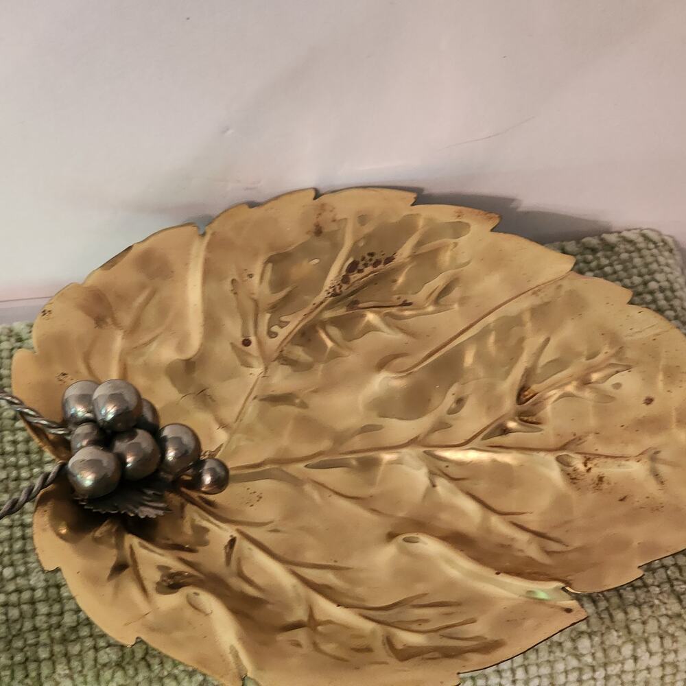 Vintage Italian Brass Leaf Dish with Silver Grape Detail, Mid Century Decor